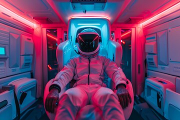 Astronaut seated in a futuristic chair surrounded by vibrant neon lights inside space station module. Helmet reflects the glowing light. designed for relaxation or training in compact space.