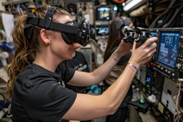 Astronaut floating inside a high-tech space station, interacting with controls. Reflective helmet visor shows the space station interior and equipment. Scene highlights advanced space technology