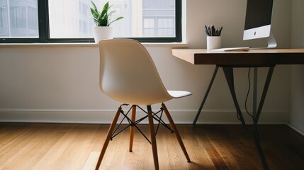 Home office with a wooden table, minimalist white chair, and a potted plant on the side. A calm and simple design ideal for focus and productivity.