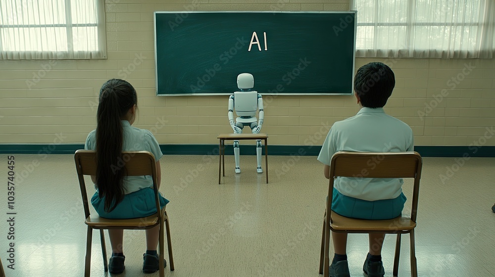 Poster an ai robot teaching students about artificial intelligence in a futuristic classroom setting with a