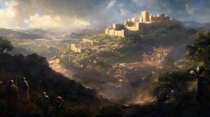 Fototapeta premium Biblical Depiction of a Massive Fortified City on a Hill, Zion Under Siege, Illustrating the Struggles of Faith and the Resilience of Christianity and Biblical Religion