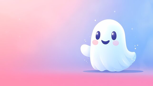 Cute cartoon ghost with a friendly smile on a soft pastel background.