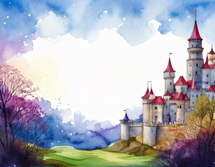 Fototapeta premium watercolor of a background with a royal castle and copy space