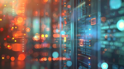 Obraz premium Abstract representation of a data center with glowing lights and server racks.