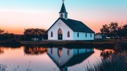 Fototapeta premium A modern minimalist church located by a peaceful lakeside, featuring large glass windows that seamlessly blend the interior with nature, offering tranquility, natural light, and serene water views.
