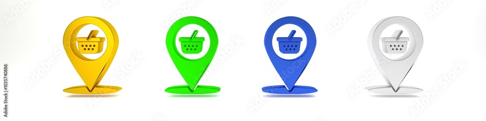 Poster colorful map pointer with shopping basket icon isolated on white background. pin point shop and shop