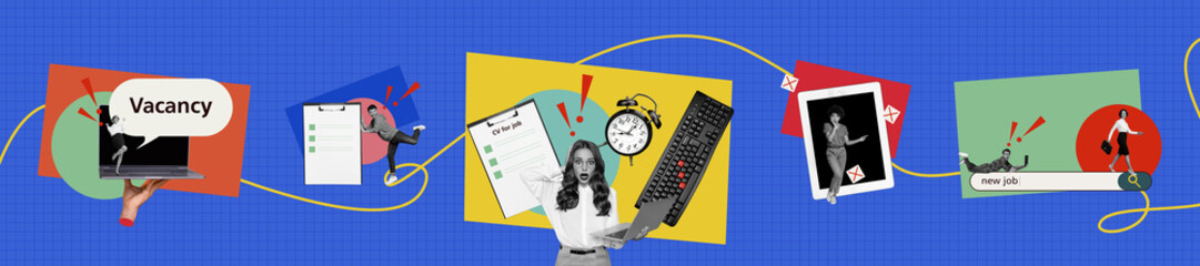Composite panoramic collage of business people girl guy job vacancy search laptop tab hiring tablet...