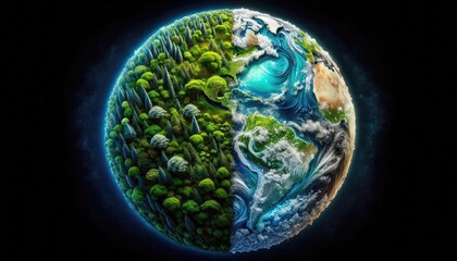 Planet Earth Divided: One Half Lush and Vibrant with Nature, the Other Overwhelmed by Plastic Waste, Highlighting the Contrast Between Environmental Preservation and Pollution
