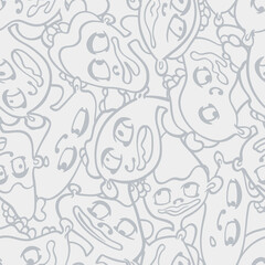 Seamless background with funny faces of anthropomorphic creatures. Humorous characters with different emotion