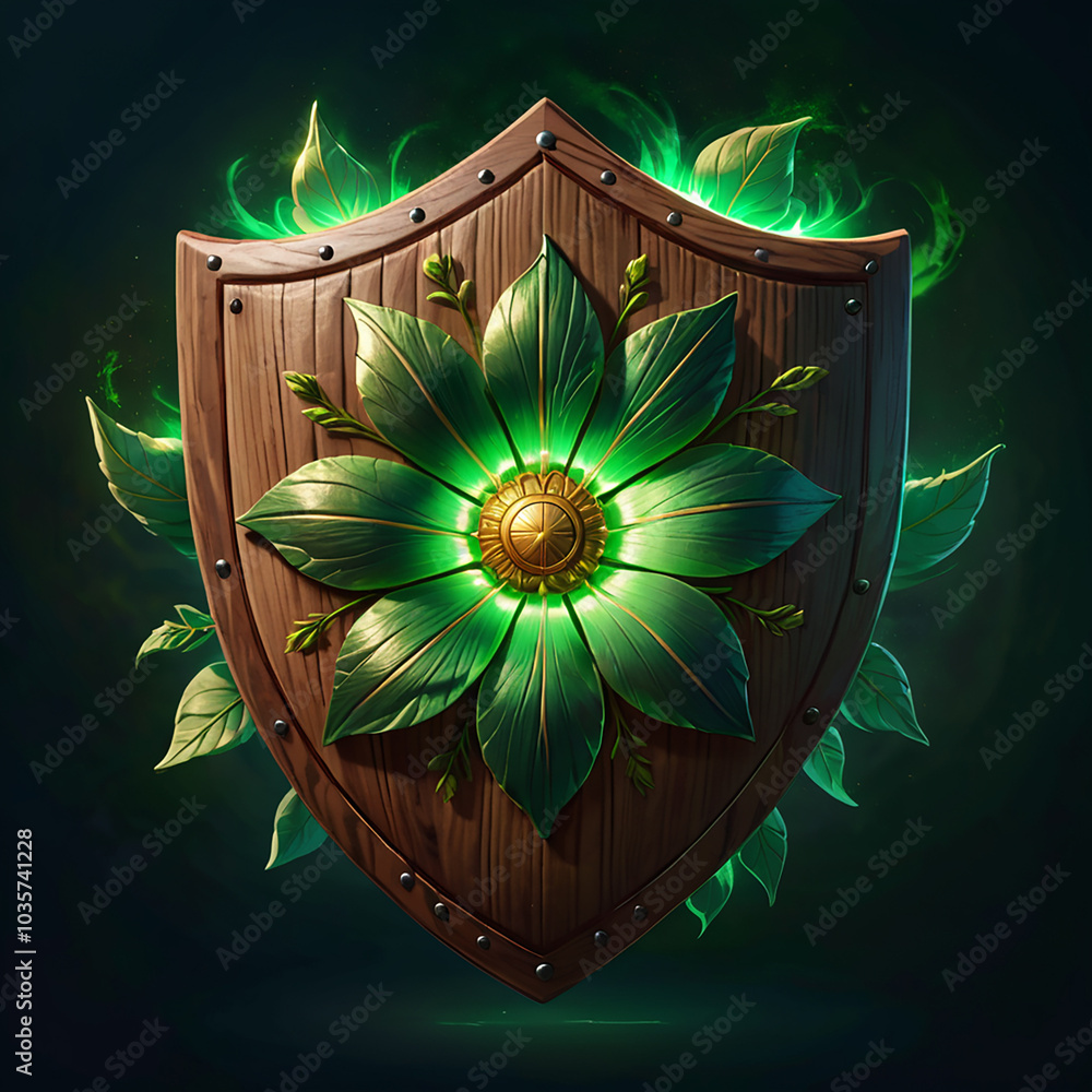 Wall mural a wooden shield with a circular design of green leaves forming a flower shape and a glowing golden c