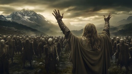 Divine Command: Ezekiel in the Valley of Dry Bones, Arms Spread Wide as He Calls Forth Skeletal Remains on a Surreal Battlefield to Rise Again, Symbolizing Renewal and Hope