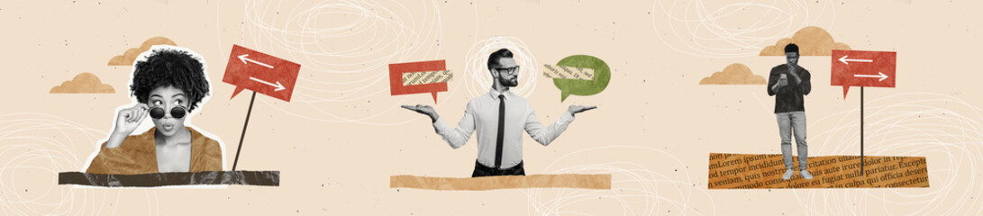 Horizontal abstract graphics collage image of doubtful workers looking for write career direction...
