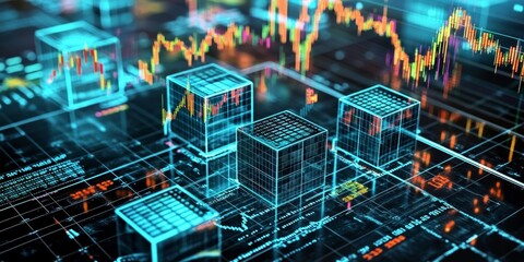 Digital stock market charts with glowing cubes.
