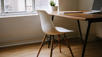 Fototapeta premium Modern home office setup with a wooden table, chic white chair, and small potted plants. The design is minimal yet functional, emphasizing simplicity.