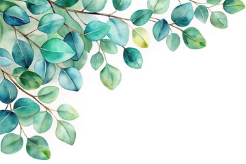 Abstract watercolor greenery branch with blue eucalyptus elements