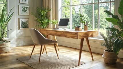 Modern workspace with a wooden desk, potted plants, and minimal decor. The clean lines and natural elements create a serene home office environment.