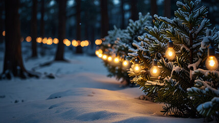 Trees Wrapped in Glowing Fairy Lights in Snow