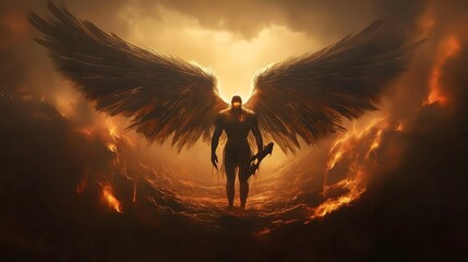 Dark Majesty: Abaddon, the Angel of the Abyss, Portrayed as a Humanoid with Vast Wings and a Menacing Weapon
