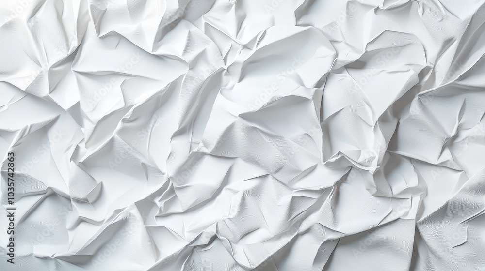 Poster a close-up view of crumpled white paper textures, showcasing various folds and shadows for a dynamic