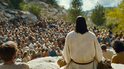 Biblical Scene: Rear View of Jesus Christ Addressing a Crowd of People – A Religious Representation of Christianity
