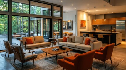 Fototapeta premium Open-concept living room with mid-century modern furniture, soft lighting, and light wood accents. The design blends retro with contemporary chic.