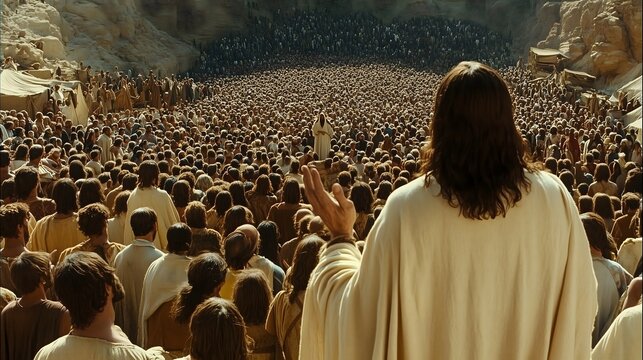 Biblical Scene: Rear View of Jesus Christ Addressing a Crowd of People &ndash; A Religious Representation of Christianity