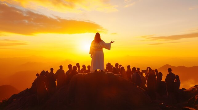 Biblical Scene: Rear View of Jesus Christ Addressing a Crowd of People &ndash; A Religious Representation of Christianity