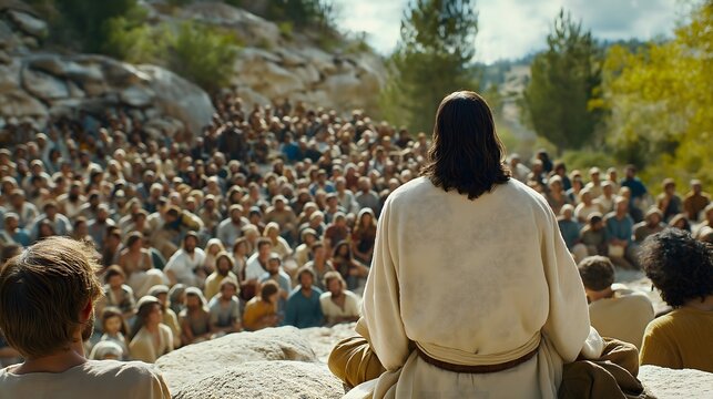 Biblical Scene: Rear View of Jesus Christ Addressing a Crowd of People &ndash; A Religious Representation of Christianity