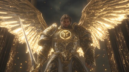 Archangel Michael Standing Guard at the Majestic Gates of Heaven, His Shining Armor Gleaming, Sword in Hand, Symbolizing Protection, Strength, and Divine Guardianship of the Heavenly Realm