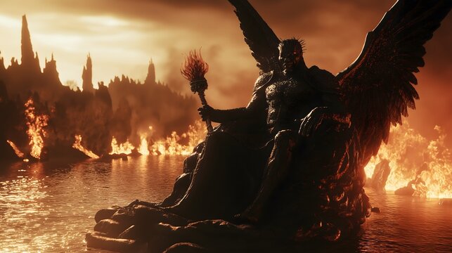 Apollyon as a Fallen Angel in Dark Regal Majesty, Seated on a Throne with an Aura of Power and Terror, Exuding a Fearsome Presence of Darkness and Authority