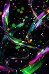 Dynamic Abstract Birthday Background with Vibrant Swirling Ribbons and Metallic Confetti