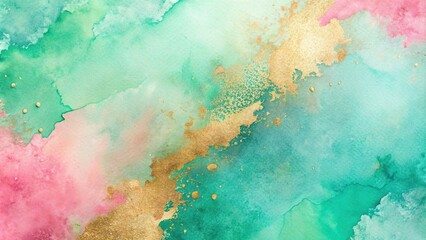 Abstract watercolor paint background pastel green aquamarine pink color and golden Asymmetrical