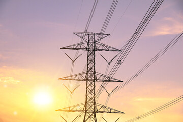 High Voltage Power Transmission Tower at Sunset, Energy Infrastructure, Electricity Supply, Industrial Powerlines
