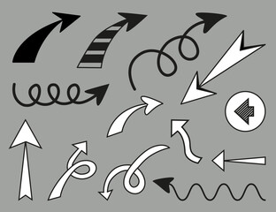 Various black and white arrows on a gray background, vector drawing