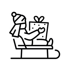 Boy on a sleigh with a gift color line icon. Vector illustration