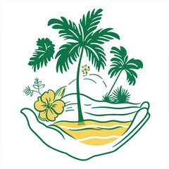 
logo, palm tree and beach scene with flowers in the foreground, vector line art on white background,
