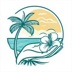 
logo, palm tree and beach scene with flowers in the foreground, vector line art on white background,
