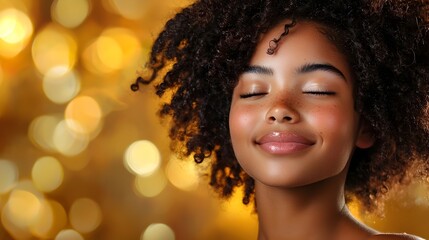 Fototapeta premium A person with a radiant beaming smile exuding pure contentment and happiness set against a warm glowing and peaceful background that enhances the joyful and lighthearted mood