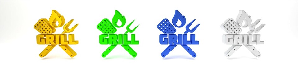 Colorful Crossed fork and spatula icon isolated on white background. Fire flame sign. BBQ fork and spatula sign. Barbecue and grill tools. Minimalism concept. 3D render illustration