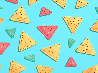 a collection of colorful cookies with a green background