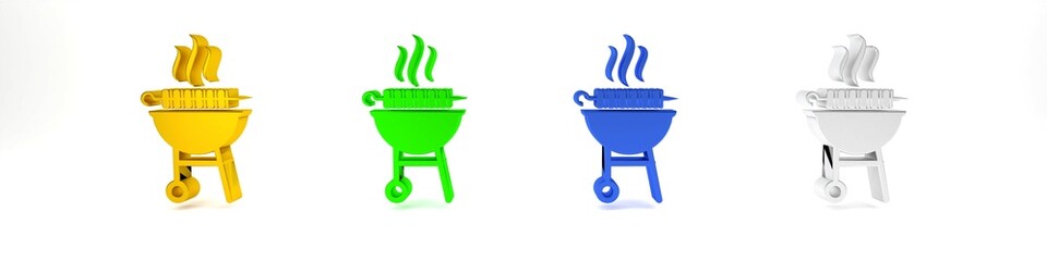 Colorful Barbecue grilled shish kebab on skewer stick icon isolated on white background. BBQ meat kebab on skewer stick. Picnic with grill meat. Minimalism concept. 3D render illustration