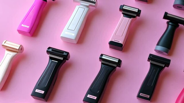 A collection of colorful electric razors on a pink background