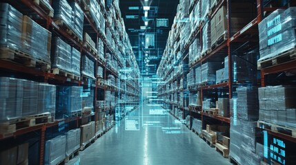 A warehouse aisle filled with goods, overlayed with a transparent digital interface showing stock levels, creating a modern double exposure effect with clear copy space on the floor and ceiling