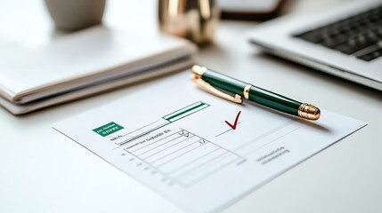 A green pen rests on a checklist with a red checkmark, suggesting a completed task or achievement.  A laptop, notebook, and cup are out of focus in the background.