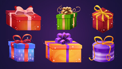Set of closed gift boxes. Vector illustration of colorful striped, dotted surprise packages decorated with ribbon bows with light and sparkles inside
