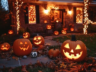 Fototapeta premium Glowing Jack-O-Lanterns Illuminate a Festive Front Yard with Warm Autumnal Colors and Twinkling Lights, Creating a Welcoming and Spooky Halloween Atmosphere