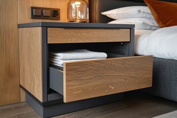 Wooden Nightstand with Open Drawer and Folded Towels