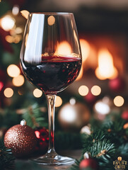 Glass of red wine with christmas decoration on bokeh background