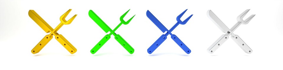 Colorful Crossed fork and knife icon isolated on white background. BBQ fork and knife sign. Barbecue and grill tools. Minimalism concept. 3D render illustration