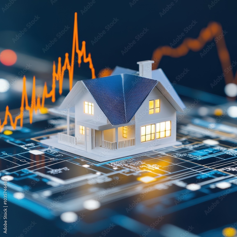 Poster a conceptual image showcasing a model house on a digital data background. the visual represents real